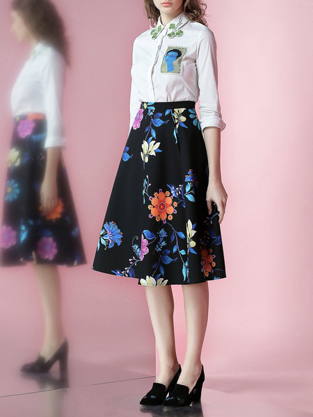 JUNGLE ME Black Floral Polyester Sweet Printed Midi Skirt– Price: $65.00