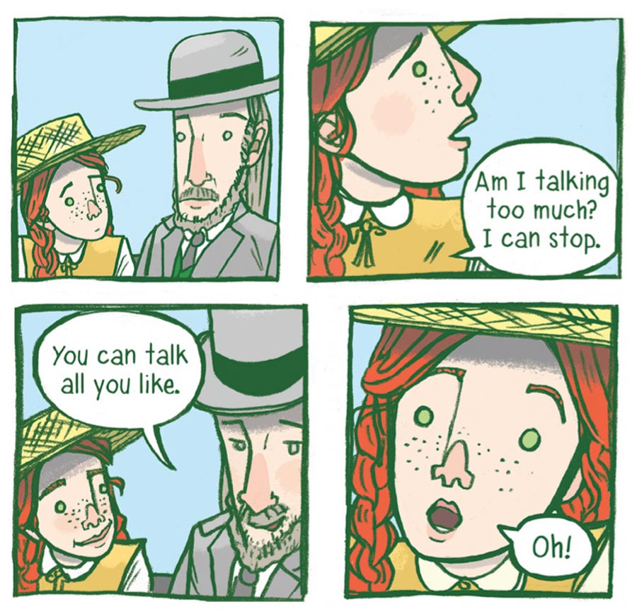 Scenes between Anne and Matthew from Anne of Green Gables: A Graphic Novel adapted by Mariah Marsden, illustrated by Brenna Thummler