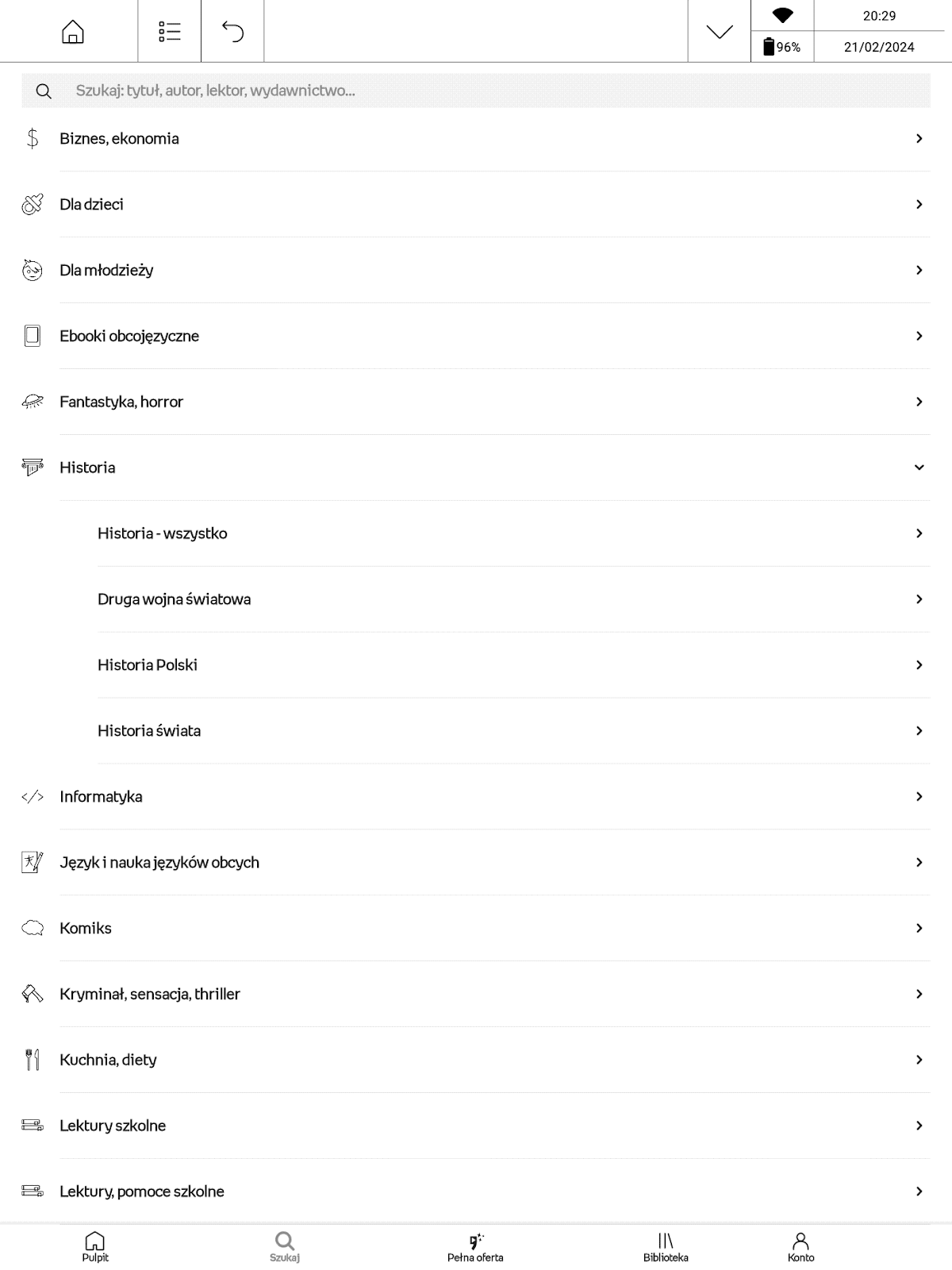 Kategorie książek w aplikacji Empik Go na PocketBook InkPad X Pro