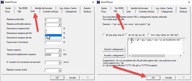 filtri e limiti per il download di un sito