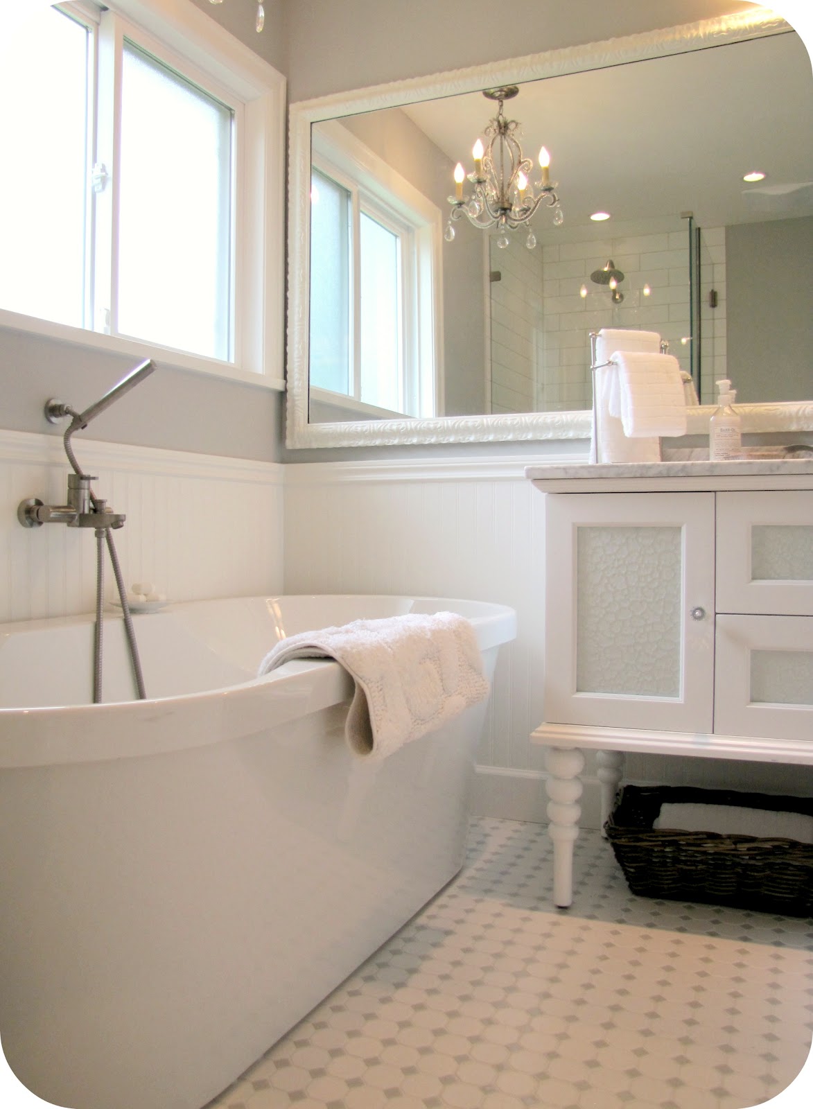 My House of Giggles: White and Grey Bathroom Renovation\/Makeover Carrera Marble, Hex Tile, etc