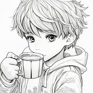 boy drinks coffee or tea coloring page
