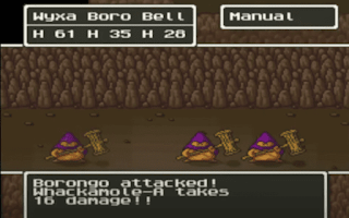 Says WYXa BORO Bell Manual, H 61 H 35 H28 . Borongo Attacked! Whackamole-A takes 16 damage !! in Cave with three purple brown small monsters with hammers in there hands in the battle screen