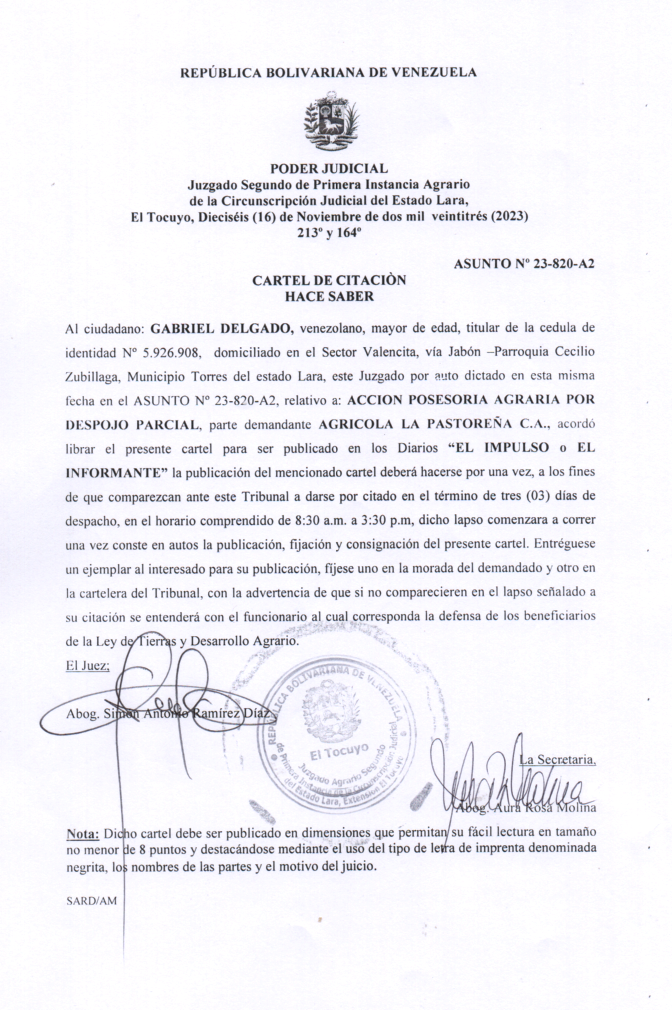 CARTEL DE CITACIÓN: ASUNTO N° 23-820-A2
