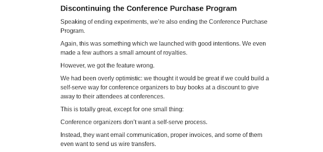 Announcement of the discontinuation of the Conference Purchase Program in the Leanpub Author Update newsletter