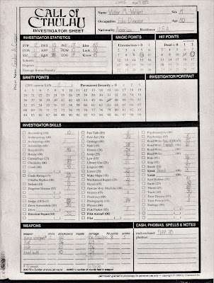 Character sheet of Victor M. Valiant for Call of Cthulhu.