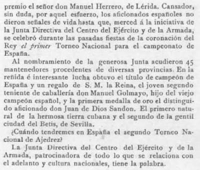 Revista Pluma y Lápiz, recorte del 4 de enero de 1903 sobre el primer campeonato de España individual de Ajedrez