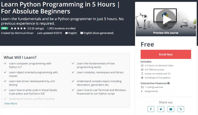 [100% Free] Learn Python Programming in 5 Hours | For Absolute Beginners