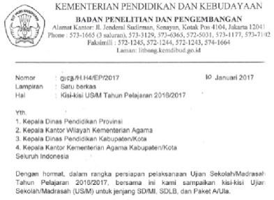 Kisi - Kisi Soal Ujian Sekolah Atau US SD/MI Tahun 2017 Lengkap