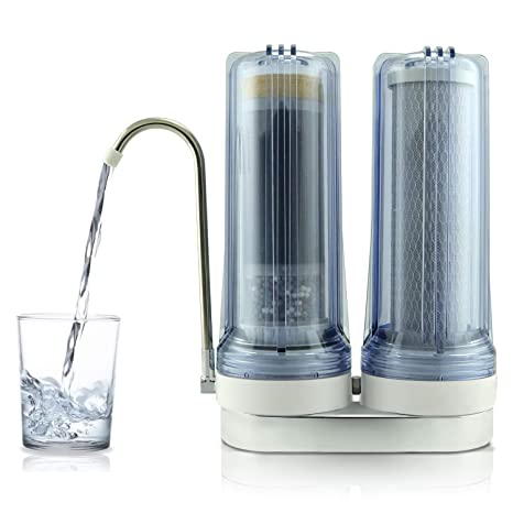 APEX EXPRT MR-2050 Dual Countertop Water Filter, Carbon and Mineral pH Alkaline Water Filter, Easy Install Faucet Water Filter - Reduces Heavy Metals, Bad Taste, and Up to 99% of Chlorine - Clear