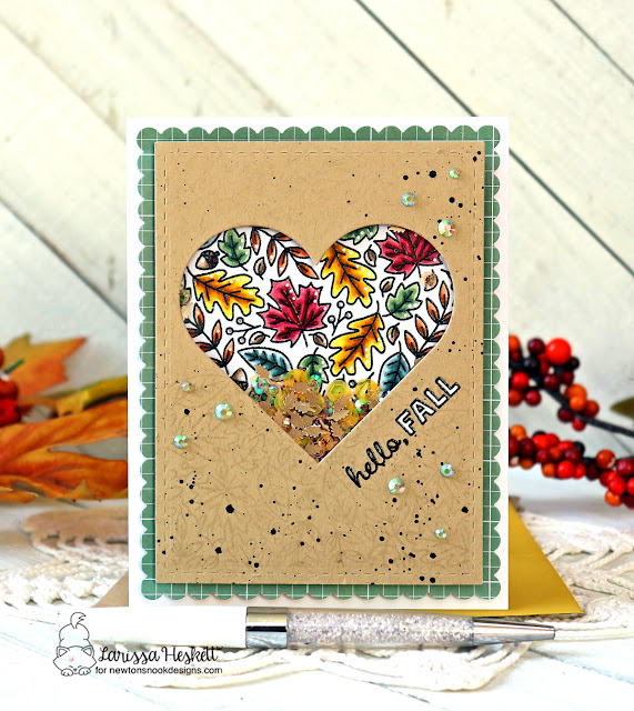 Hello Fall Shaker Card by Larissa Heskett | Heartfelt Fall Stamp Set, Heart Frames Die Set and Frames & Flags Die Set by Newton's Nook Designs #newtonsnook