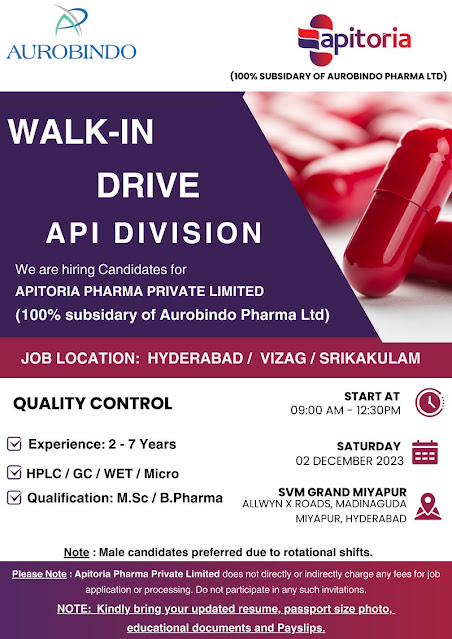 Apitoria Pharma ( Aurobindo) Walk In Interview For Quality Control Department