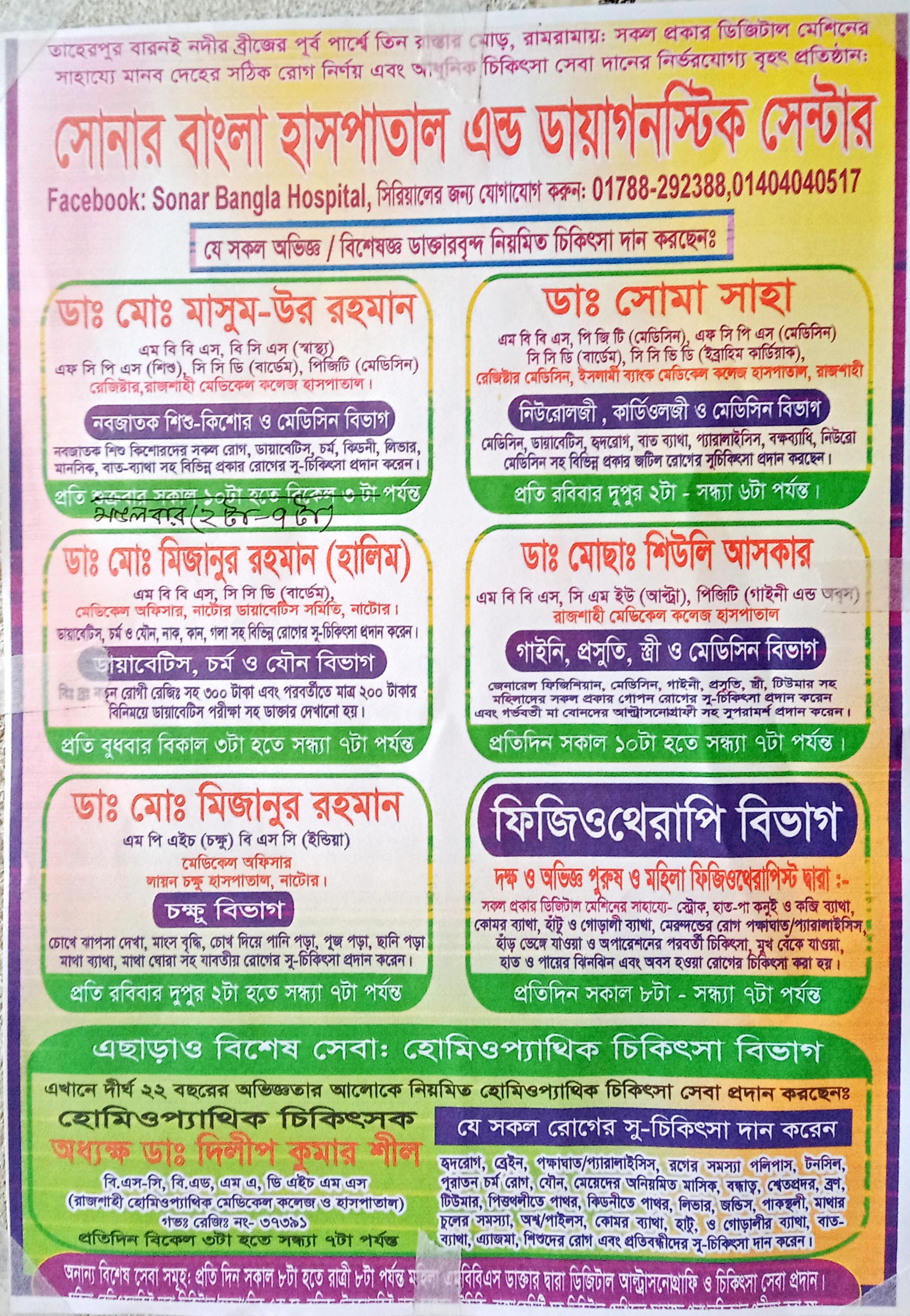 ডাক্তারদের নামের তালিকা-Sonar Bangla Hospital & Diagnostic Center.