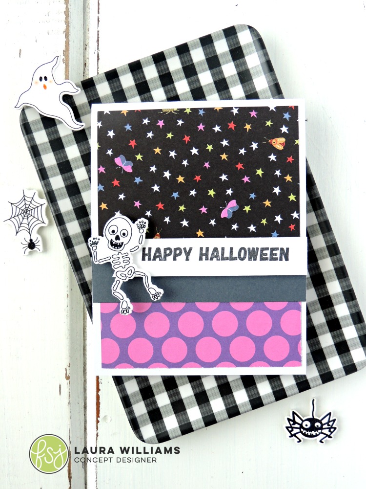 a simple way to create a card with fun patterned papers - dig through your stash, because you might have just the right prints for a Halloween card, even if they aren't technically Halloween papers. Look for polka dots, stripes, and gingham in oranges, greens, or purples and see what you can mix and match! This is a simple card layout for any time of year - just change up the papers and sentiment and make cards for every occasion!