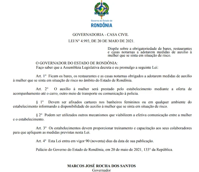 Nova lei determina que estabelecimentos de RO protejam mulheres em situação de risco