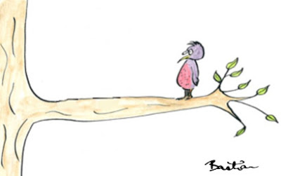 A little bird out on a limb, looking nervously back at the tree.(Cartoon by Hilda Bastian.)