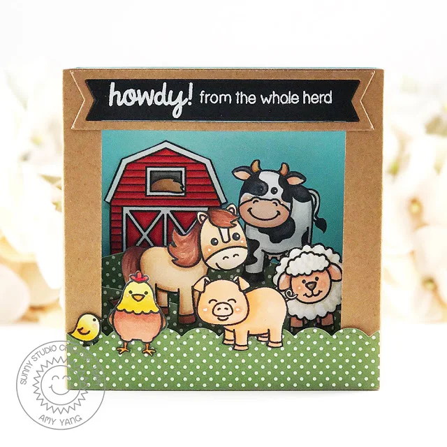 Sunny Studio Stamps: Barnyard Buddies and Missing Ewe Shadow Box Card by Amy Yang