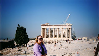 Mummy in front of a Greek ruin