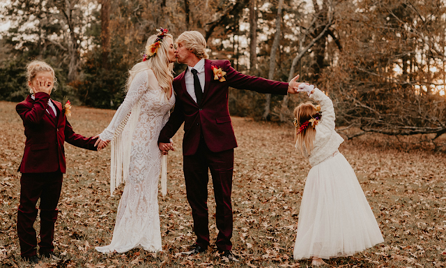 bride groom and children wedding outdoors