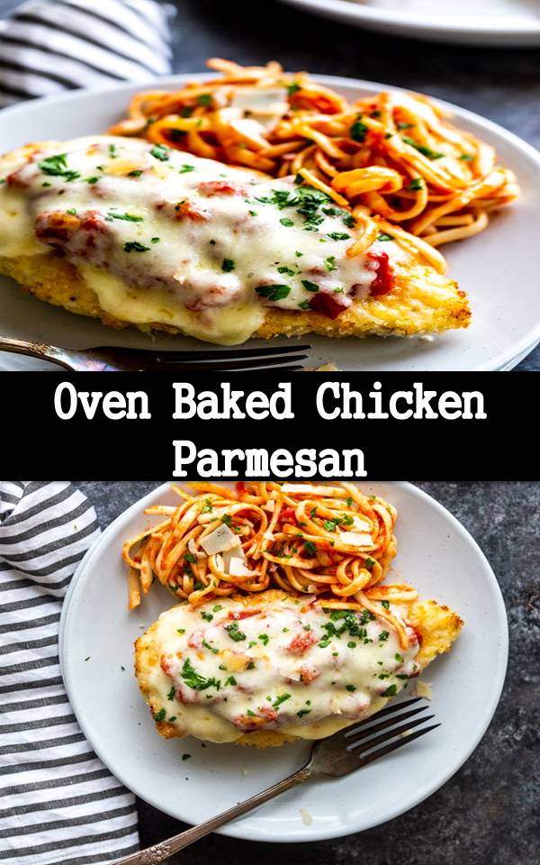 This delicious Oven Baked Chicken Parmesan recipe is easy and doesn't require any frying.  Because this chicken Parmesan is baked, it is healthy, quick and easy! Make this crispy baked Parmesan crusted chicken for dinner tonight in about thirty minutes!