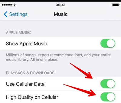 Matikan paket data untuk memutar musik dengan kualitas bagus di iPhone