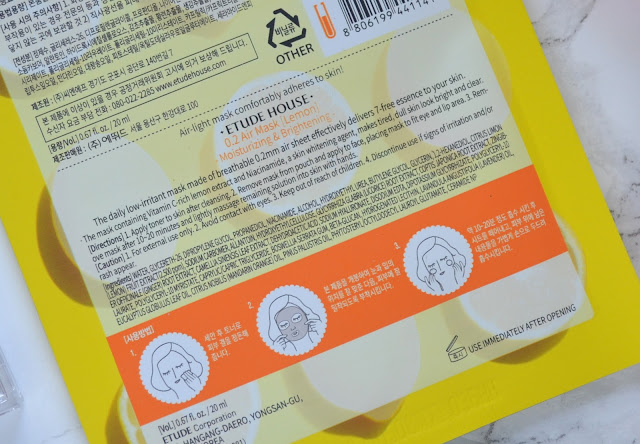 Back of packaging for Etude House Therapy Air Mask