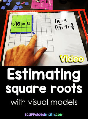 How do you estimate square roots without a calculator? Do you use a number line, visuals, manipulatives or something else? In this post is a video for estimating square roots using visual models. There is also a free set of printables (the ones used in the video) linked in the post.