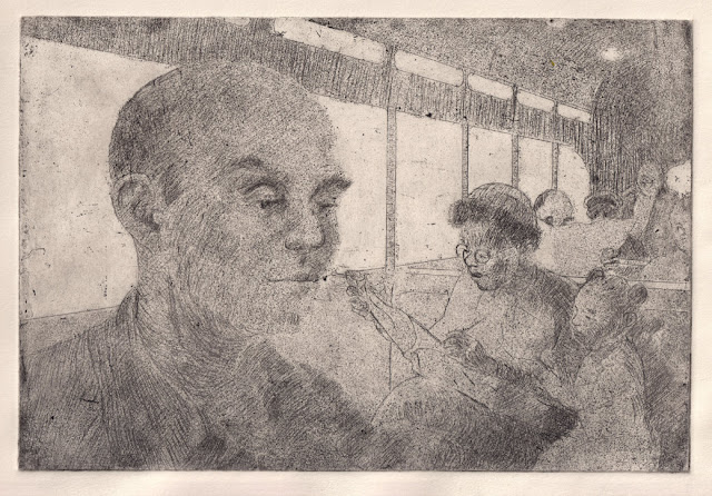 Etching of streetcar interior with pensive man in foreground, mother reading large book wile her daughter looks on, other passengers in background.
