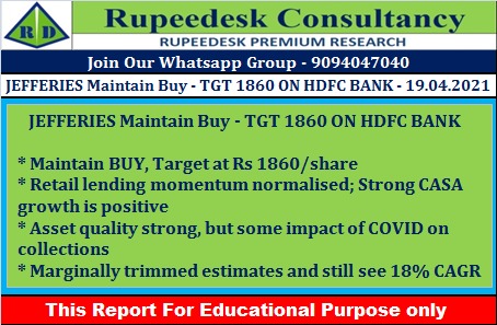 JEFFERIES Maintain Buy - TGT 1860 ON HDFC BANK - Rupeedesk Reports