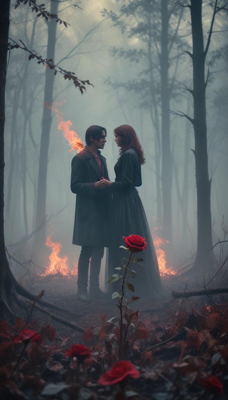 Love Romantic Couple with Rose in a Dark Forest: Capturing the Perfect Wallpaper