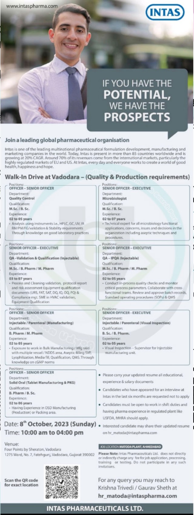 Intas Pharmaceuticals | Walk-in interview for Prod, QC & QA on 8th Oct 2023