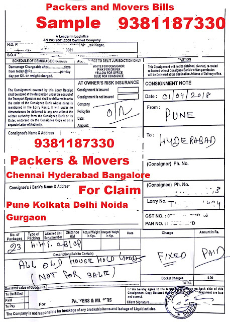 Packers Movers GST Bill For Format Chennai