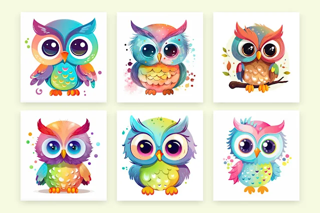 Colorful owlet sitting set illustration free download