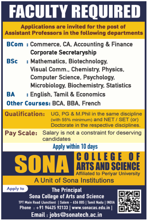 Sona College Salem Faculty Jobs in Biotech/Microbiology/Biochemistry