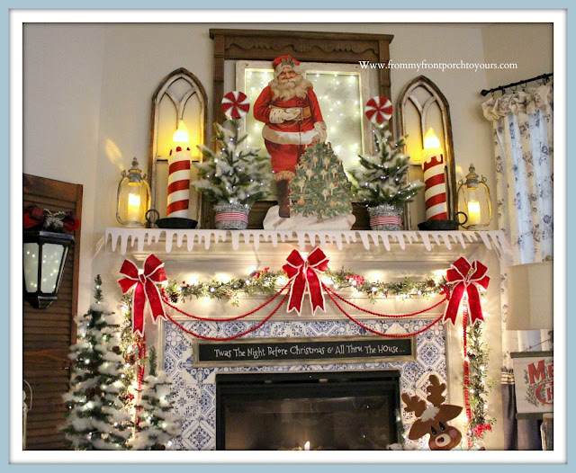 Vintage -Inspired -Cottage -Farmhouse -Christmas -Mantel-Felt-Bows-Blow-Mold-Candles-Snow-Santa-From My Front Porch To Yours