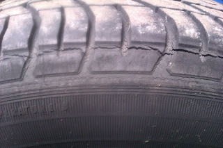 image: car tyre with large cracks around the tyre tread