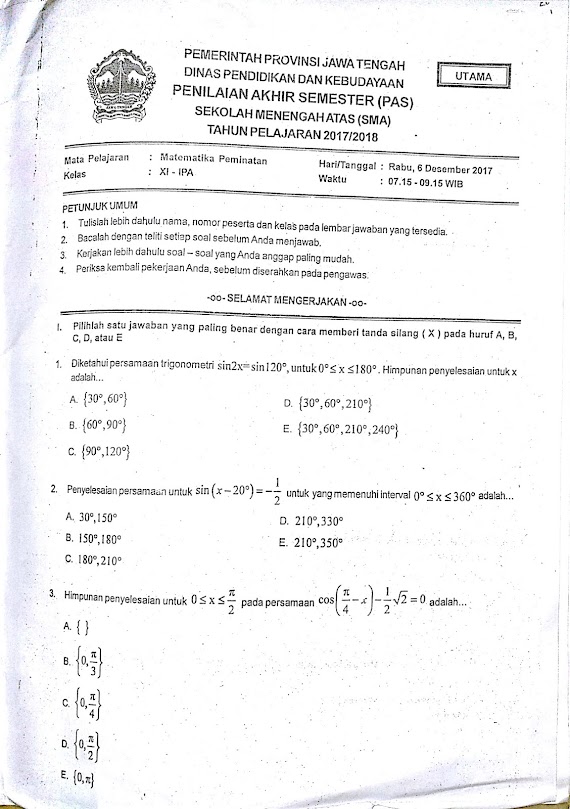 Soal Ujian Matematika Sma Kelas Xi Ipa Semester 1