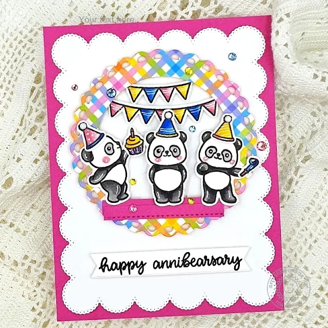 Sunny Studio Stamps: Panda Party Happy Anniversary Card by Tina (featuring Scalloped Circle Mat Dies, Frilly Frame Dies, Ribbon & Lace Border Dies)