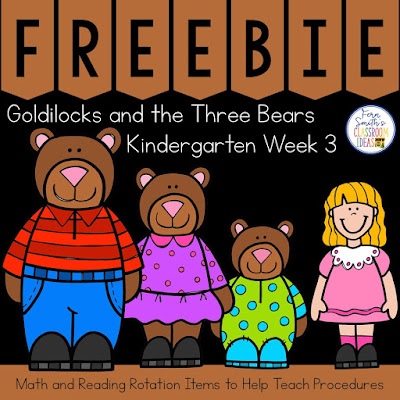 For your favorite traditional version of Goldilocks and the Three Bears. Write “3” and “three” on the board or an anchor chart and explain that this is WEEK THREE and that you will be studying all the exciting things related to 3… Goldilocks and  The Three Bears, The Three Little Pigs, the number 3, triangles, etc. Review your expectations for small group and have the students transition to their first new group. The items in this freebie are to help you on your first day, usually the Monday of Week Three to have a consistent theme related to Goldilocks and The Three Bears Freebie on TeacherspayTeachers.  #FernSmithsClassroomIdeas