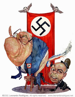 caricature of two men on a stage.  One big fat man ( Jean-Marie Le Pen ) is ranting while kneeling on a stool with his pants down and farting.  The other is a tiny man ( Bruno Megret ) holds a lighter pointed at the big man's butt.  The fire forms the image of the French far-right party, "Le Front National".