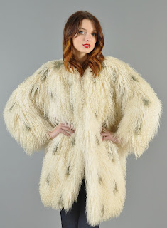 Vintage 1980's ivory colored Mongolian lamb shaggy fur coat with black dots.