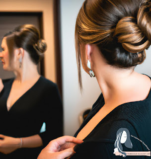 A woman posing in front of a mirror, admiring her updo hairstyle.