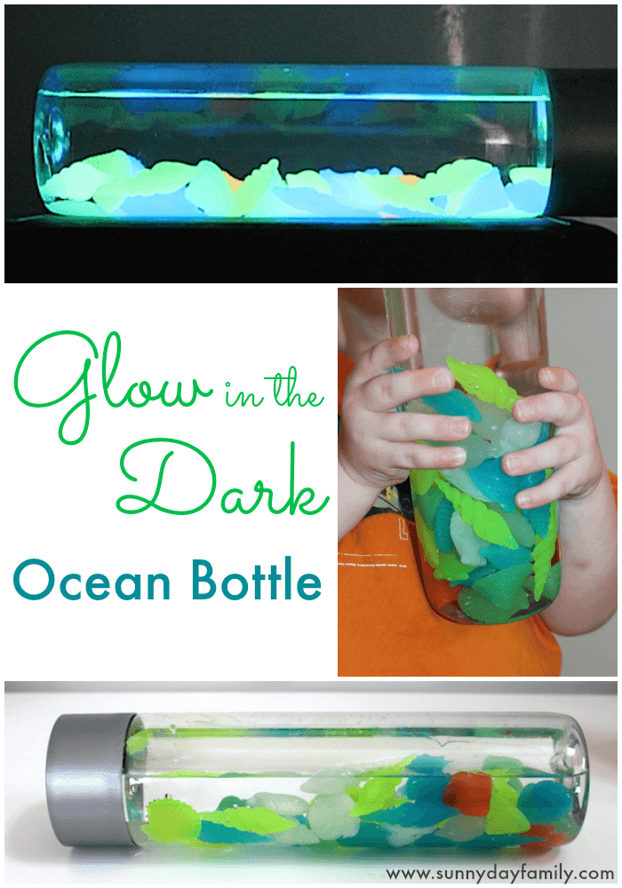 A glow in the dark ocean in a bottle! This summer themed discovery bottle glows in the dark, perfect to help kids calm down at night.