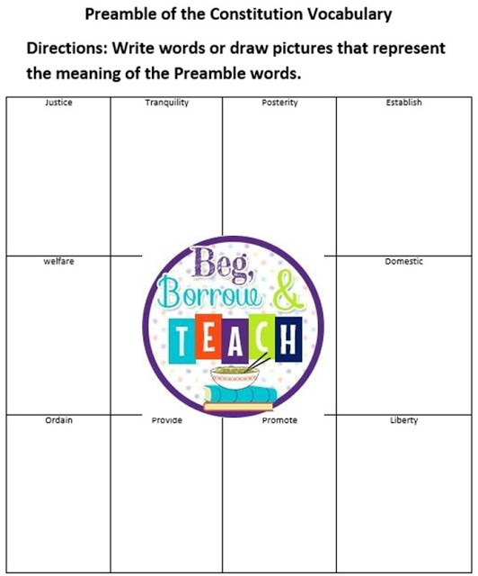 Constitution Day activities that can be done in Language Arts and Social Studies or Civics class.   Vocabulary graphic organizer for the Preamble to the Constitution.