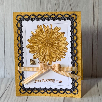 Floral handmade greeting card using Stampin' Up1 Delicate Dahlias Stamp set and Bumblebee Gingham Ribbon