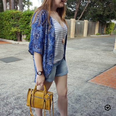 awayfromblue instagram print mixing denim shorts kimono SAHM style outfit