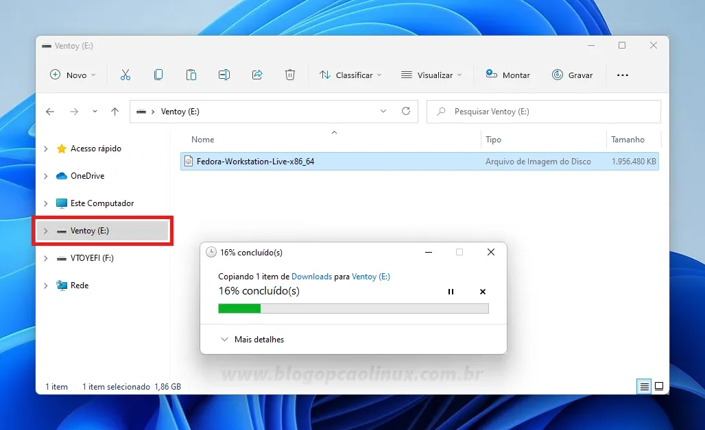 Copiando a ISO do Fedora para o pen drive com o Ventoy instalado