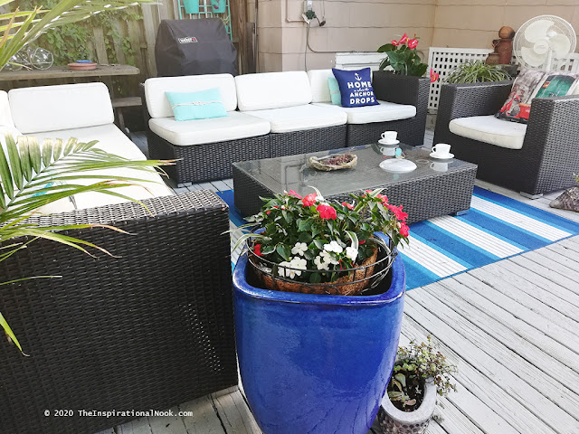 Deck, patio, garden outdoor furniture, indoor outdoor rug, backyard, blue ceramic glazed planter