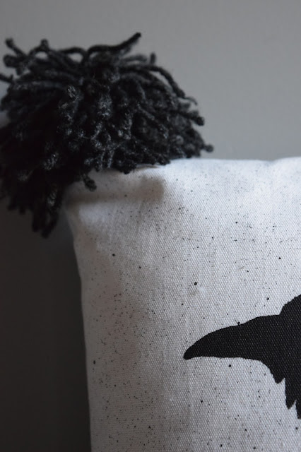 Halloween Crow Stenciled Pillow with Giant Pom-Poms - One Mile Home Style