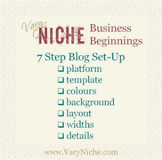 Vary Niche Business Beginnings: 7 Step Blog Set-Up; platform, template, colours, background, layout, widths, details; www dot Vary Niche dot com.